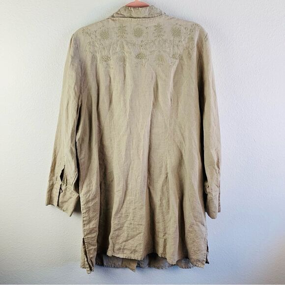 Ecologie Tan Long Line Embroidered Linen Shirt Tunic - Picture 3 of 5